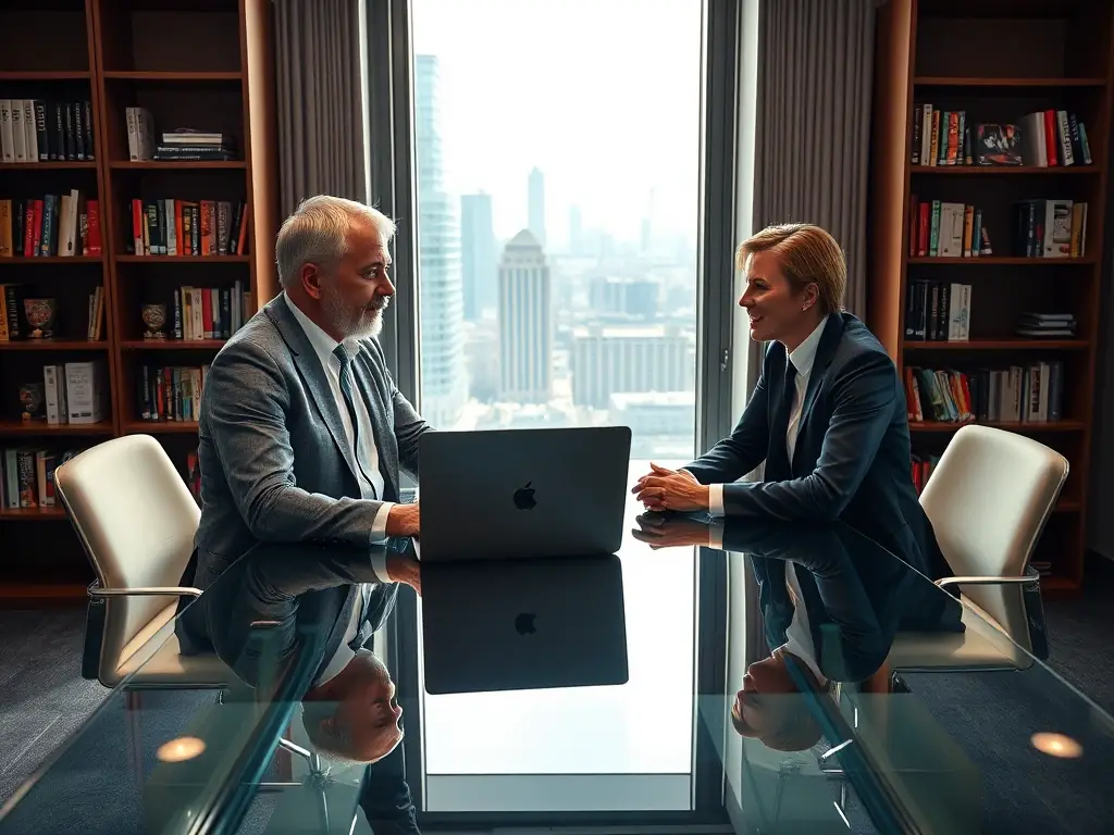 A business coach in a modern office setting, reviewing financial reports with a client, both smiling and engaged in a positive discussion about business growth strategies.