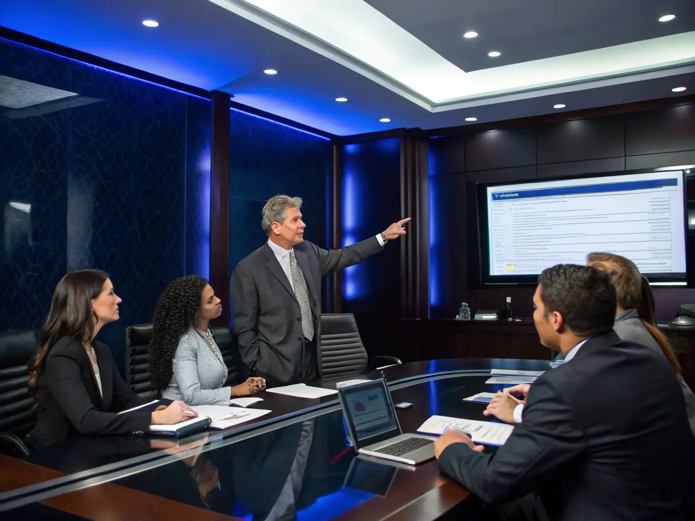 A confident business leader giving a presentation to their team, inspiring them with a clear vision and effective communication skills.