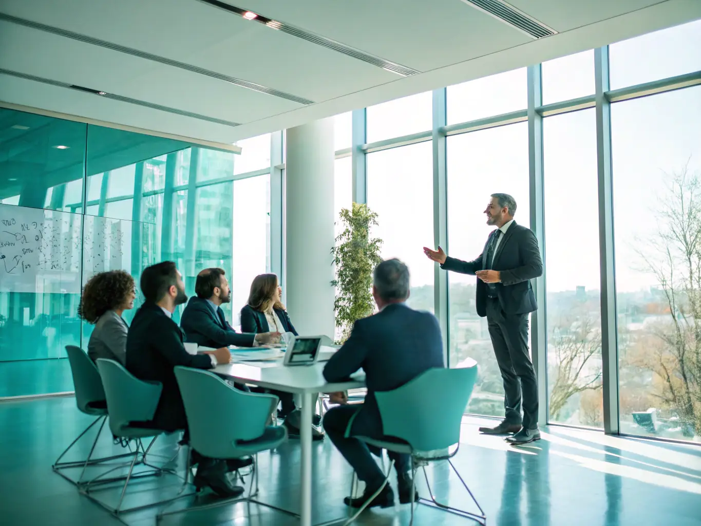 An image of a business leader confidently presenting to a team, showcasing leadership skills and strategic vision, with a focus on inspiring and motivating others.
