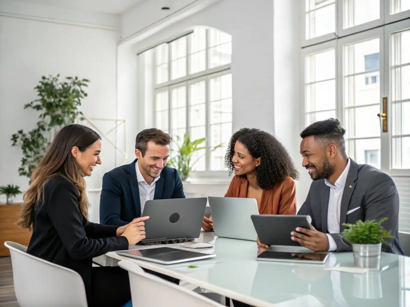 A diverse team of professionals collaborating in a bright, modern office, brainstorming ideas and developing innovative solutions for business challenges.
