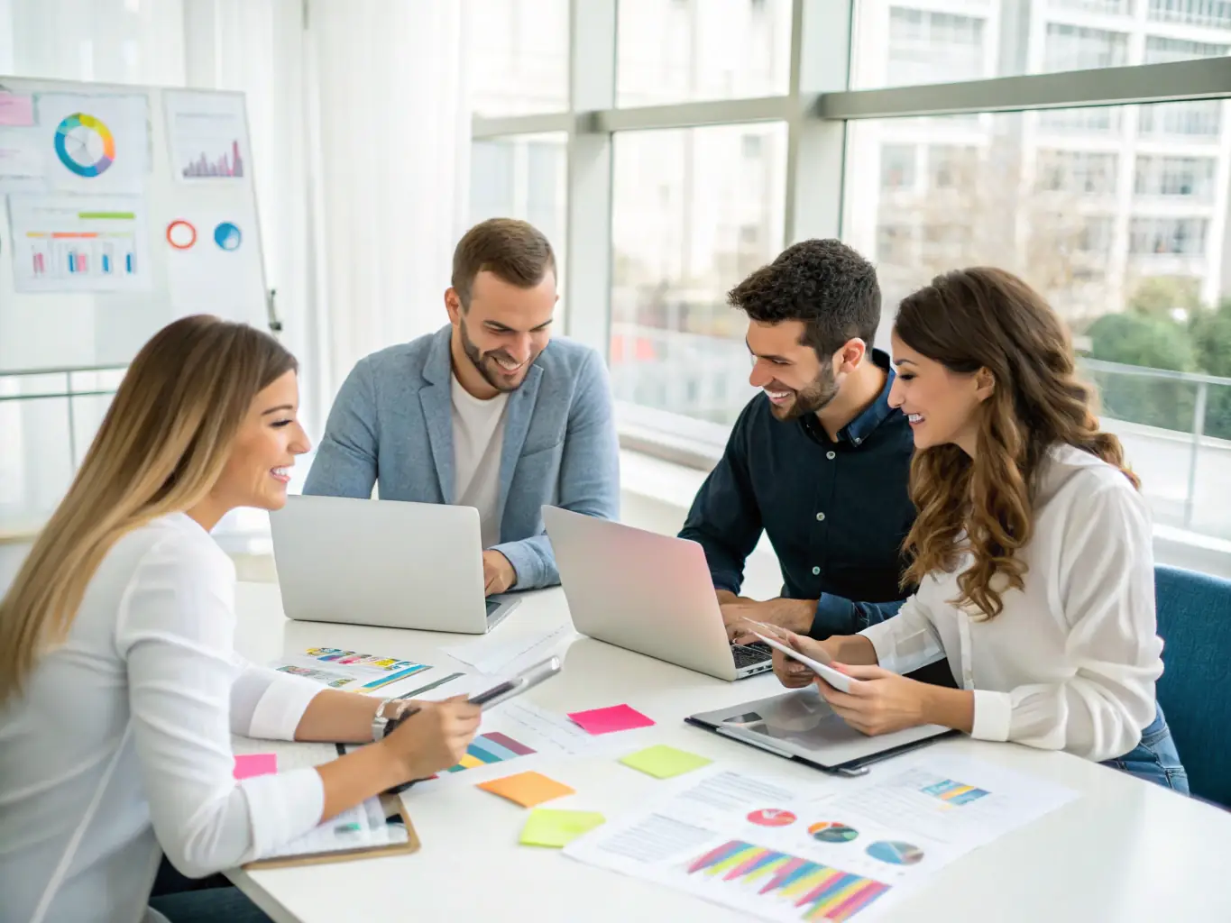 An image of a diverse group of business professionals collaborating around a table in a modern office, brainstorming ideas and strategies, symbolizing teamwork and innovation.